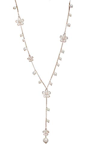 UrbanThreads Pearl & Floral Long Pendant Necklace - White & Gold - Image 2
