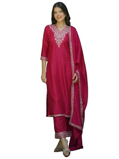Libas Womens Yoke Design Silk Blend Straight Kurta With Trousers and Dupatta - Authentic Libas Clothing | UrbanThreads