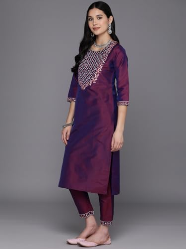Libas Womens Embroidered Silk Blend Straight Kurta With Trousers and Dupatta - Authentic Libas Clothing | UrbanThreads - Image 4