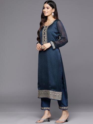 Libas Womens Printed Chiffon Straight Kurta With Trousers and Dupatta - Authentic Libas Clothing | UrbanThreads - Image 3