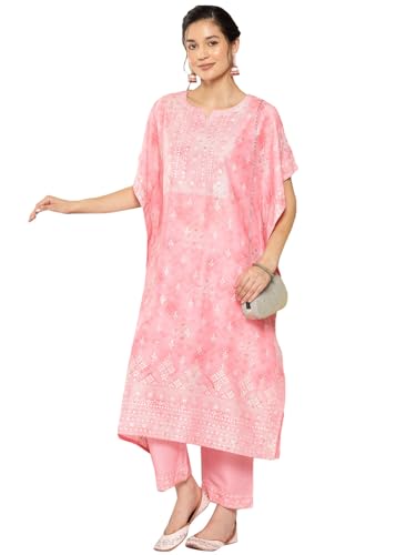 Libas Pink Printed Silk Kaftan Kurta Set | UrbanThreads.in - Image 2