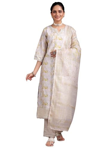 Beige Embroidered Kurta Palazzo Suit Set | Libas - UrbanThreads.in - Image 2