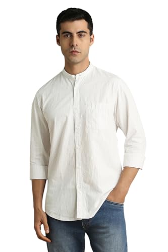 Peter England Classic Striped Cotton Mandarin Collar Shirt Men - Image 2