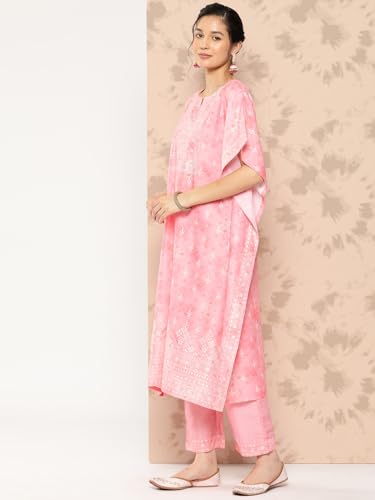 Libas Pink Printed Silk Kaftan Kurta Set | UrbanThreads.in - Image 3