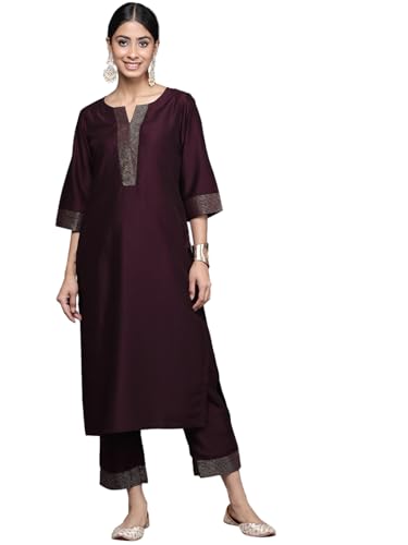 Libas Womens Solid Silk Blend Straight Kurta With Trousers - Authentic Libas Clothing | UrbanThreads - Image 2