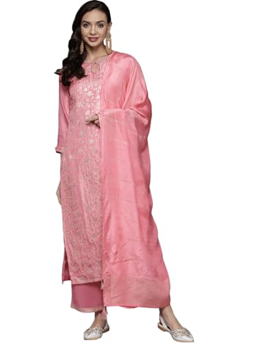 Libas Womens Woven Design Silk Blend Straight Kurta With Palazzos and Dupatta - Authentic Libas Clothing | UrbanThreads - Image 2