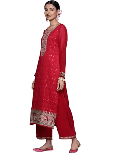 Libas Womens Embroidered Silk Blend Straight Kurta With Palazzos and Dupatta - Authentic Libas Clothing | UrbanThreads - Image 2