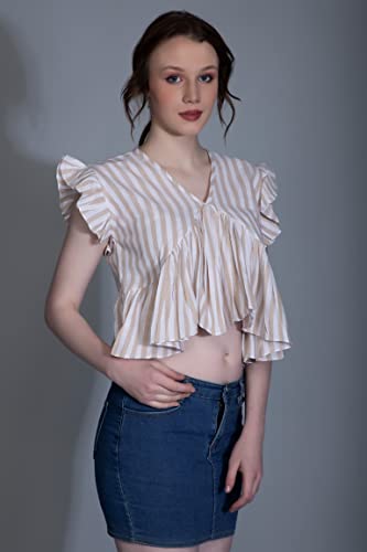 Leriya Fashion Women's Western Regular Fit Crop Tops | Fancy Stripped with Ruffle Sleeves | Button D - Authentic Leriya Clothing | UrbanThreads - Image 5
