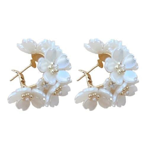 Shining Diva White Flower Hoop Earrings Shell Resin - Image 2