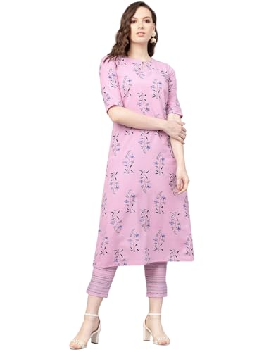 Pink Floral Print Cotton Kurta Set | Libas for UrbanThreads.in - Image 2
