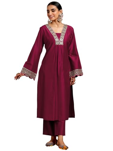 Libas Gerua Womens Yoke Design Silk Blend Straight Kurta With Trousers - Authentic Libas Clothing | UrbanThreads - Image 2