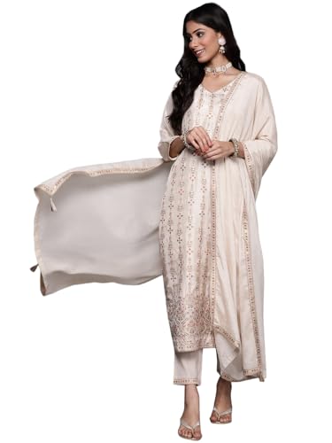 Libas Womens Woven Design Silk Blend Straight Kurta With Trousers and Dupatta - Authentic Libas Clothing | UrbanThreads - Image 2
