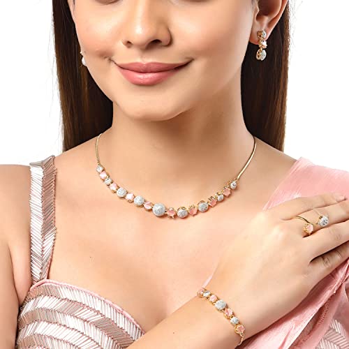 ZENEME Gold Plated Red & White American Diamond Necklace Set - Image 5