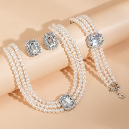 UrbanThreads Crystal Pearl Jewellery Set Necklace Earrings Bracelet - Image 3