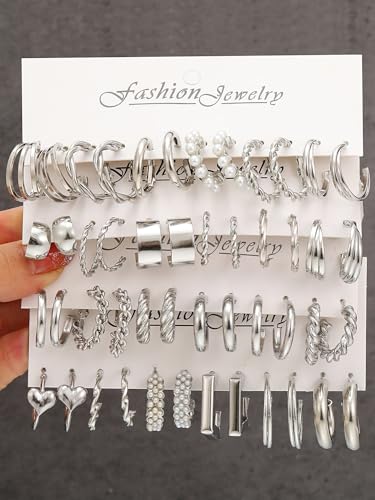 Shining Diva 24 Pairs Silver Plated Geometric Earrings - Image 4