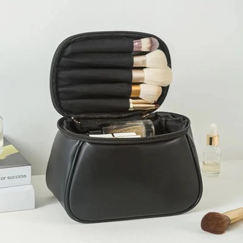 ARLICORPING Large Capacity Cosmetic Bag Black Leather Women - Image 3
