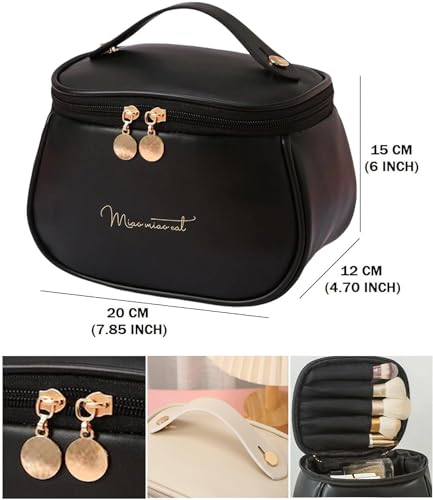 ARLICORPING Large Capacity Cosmetic Bag Black Leather Women - Image 4
