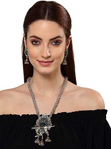 Shining Diva Oxidised Silver Necklace Jewellery Set - Image 5