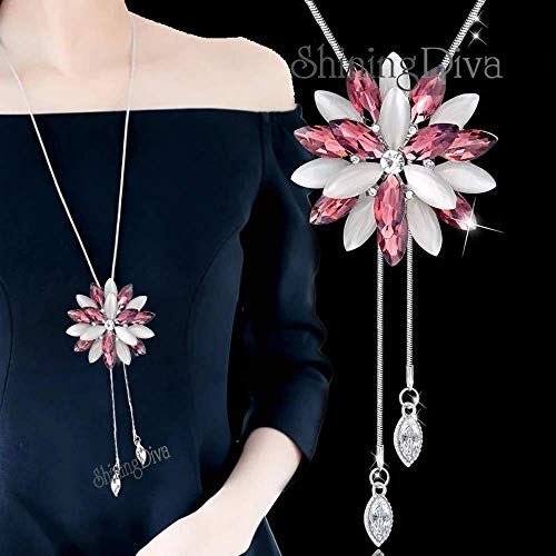 Shining Diva Crystal Flower Silver Plated Long Chain Necklace - Image 4