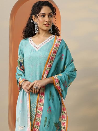 Libas Turquoise Blue Muslin Printed Kurta sets for Women - Authentic Libas Clothing | UrbanThreads - Image 5