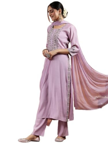 Libas Lavender Embroidered Kurta Set - Silk Blend & Chiffon - Image 2