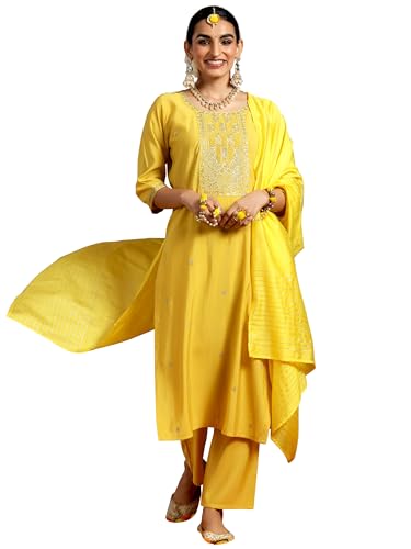 Libas Gerua Womens Embroidered Silk Blend Straight Kurta With Trousers and Dupatta - Authentic Libas Clothing | UrbanThreads - Image 2