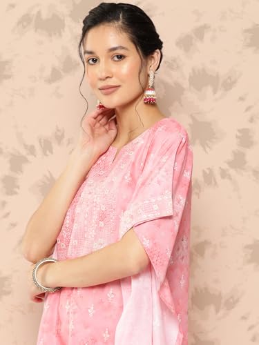 Libas Pink Printed Silk Kaftan Kurta Set | UrbanThreads.in - Image 5