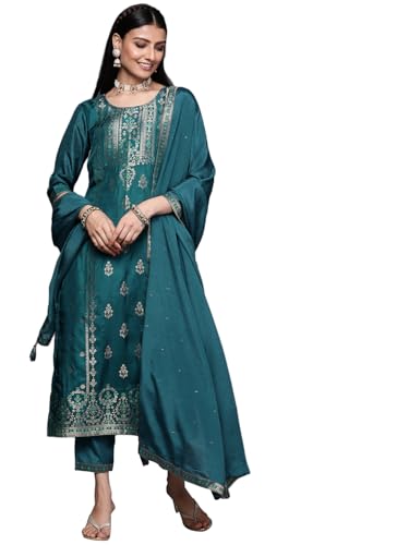 Libas Womens Embellished Silk Blend Straight Kurta With Trousers and Dupatta - Authentic Libas Clothing | UrbanThreads - Image 2