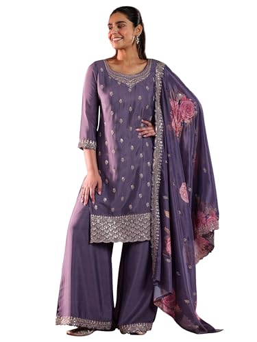 Libas Womens Embroidered Silk Blend Straight Kurta with Palazzos and Dupatta - Authentic Libas Clothing | UrbanThreads - Image 2