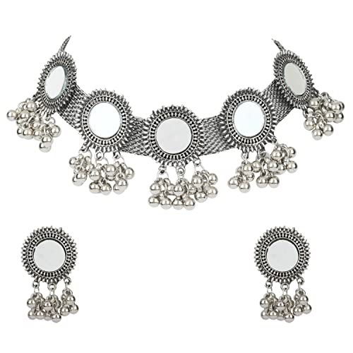 Shining Diva Oxidised Silver Tribal Choker Necklace Set for Women - Image 2