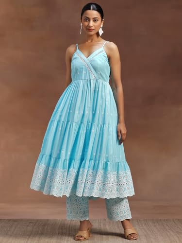 Libas Blue Embroidered Cotton Kurta Set | UrbanThreads.in - Image 5