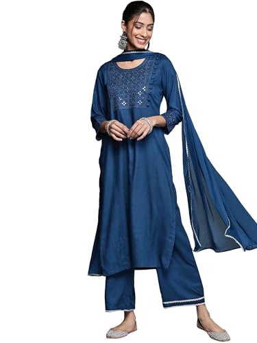 Libas Womens Embroidered Viscose Straight Kurta With Palazzos and Dupatta - Authentic Libas Clothing | UrbanThreads - Image 2