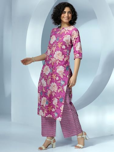Libas Pink Floral Cotton Kurta Palazzo Set | UrbanThreads.in - Image 4