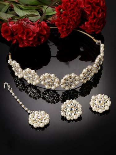 Sukkhi White Floral Gold Plated Choker Necklace Set - Image 5