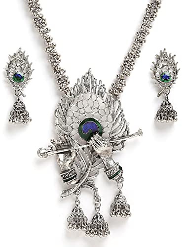Shining Diva Oxidised Silver Necklace Jewellery Set - Image 4