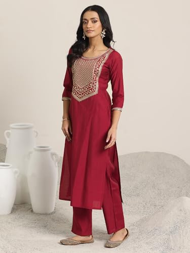 Libas Women's Yoke Design Silk Blend Straight Kurta Trouser with Dupatta Set - Authentic Libas Clothing | UrbanThreads - Image 4