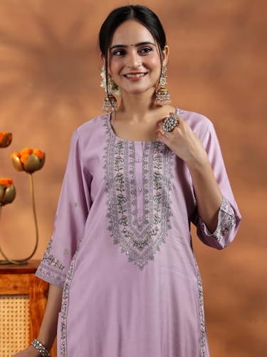 Libas Lavender Embroidered Kurta Set - Silk Blend & Chiffon - Image 5