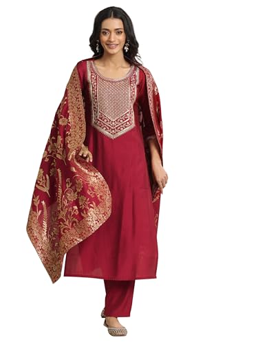 Libas Women's Yoke Design Silk Blend Straight Kurta Trouser with Dupatta Set - Authentic Libas Clothing | UrbanThreads - Image 2