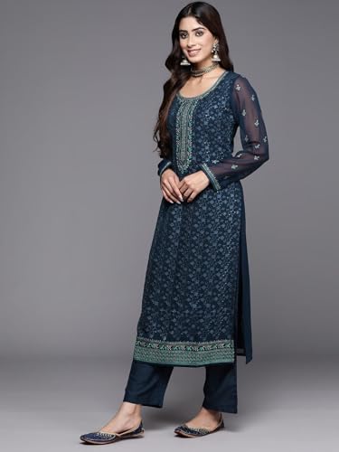 Libas Womens Embroidered Georgette Straight Kurta With Trousers and Dupatta - Authentic Libas Clothing | UrbanThreads - Image 4