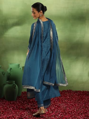 Libas Blue Silk Blend Woven Kurta Set | Festive Indian Suit - Image 5