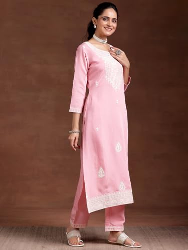 Libas Womens Embroidered Silk Blend Straight Kurta With Trousers and Dupatta - Authentic Libas Clothing | UrbanThreads - Image 3