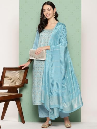 Libas Womens Woven Design Silk Blend Straight Kurta With Trousers and Dupatta - Authentic Libas Clothing | UrbanThreads - Image 5