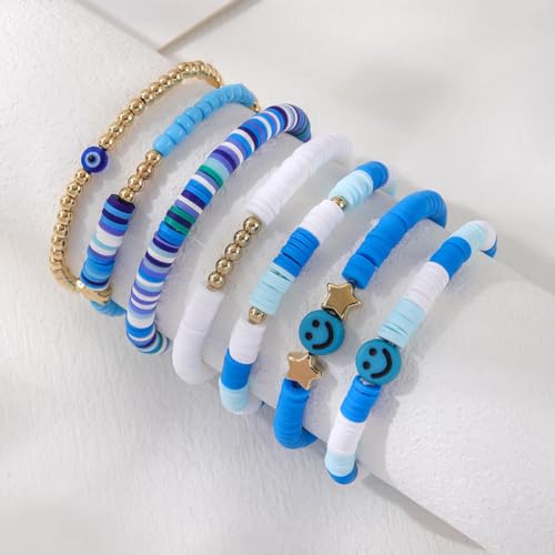 Shining Diva 7Pcs Beach Surfer Bracelets Set Colorful Heishi - Image 3