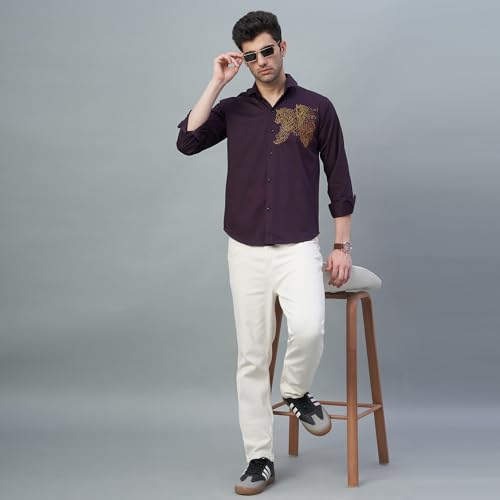 TAVASAA Full Sleves Plain Wine Giza Satin Shirt with Animal-Shaped Print for Men (PATAV58PR) - Authentic TAVASAA Clothing | UrbanThreads - Image 5