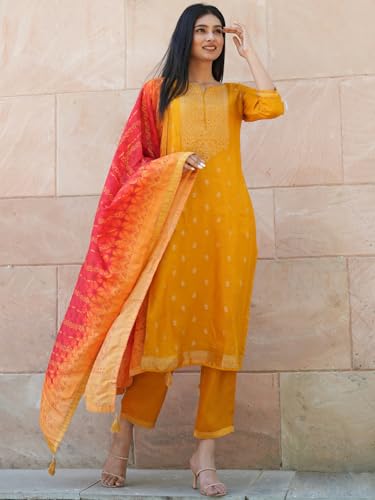 Libas Womens Self Design Silk Blend Straight Kurta With Trousers and Dupatta - Authentic Libas Clothing | UrbanThreads - Image 5