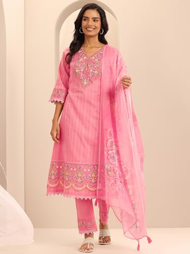 Embroidered Cotton Kurta Set - Libas A-Line Suit with Dupatta - Image 5