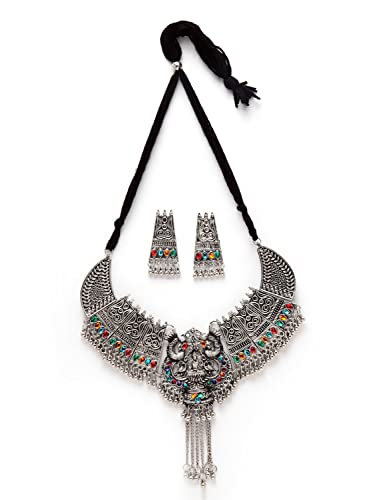 Shining Diva Oxidised Silver Necklace Set for Women - Image 4