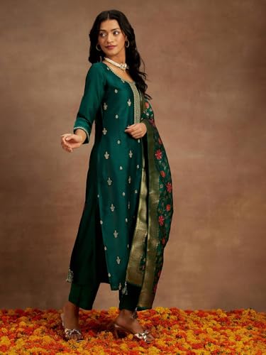 Libas Womens Embroidered Silk Blend Straight Kurta With Trousers and Dupatta - Authentic Libas Clothing | UrbanThreads - Image 4