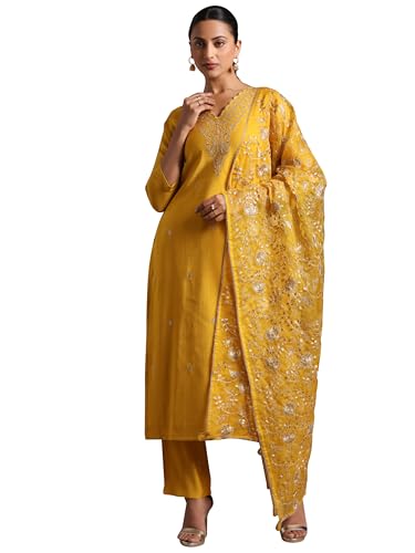 Libas Womens Embroidered Silk Blend Straight Kurta With Trousers and Dupatta - Authentic Libas Clothing | UrbanThreads - Image 2