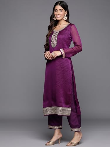 Libas Womens Printed Chiffon Straight Kurta With Trousers and Dupatta - Authentic Libas Clothing | UrbanThreads - Image 3